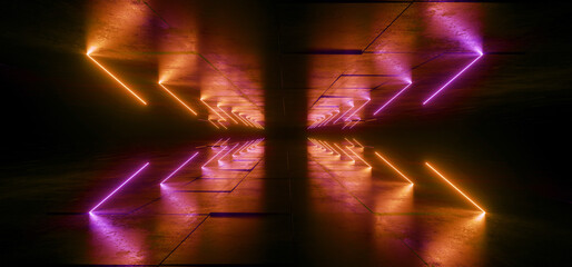 Neon Glowing Sci Fi  Glowing Purple Orange Futuristic Laser Beams Bouncing On Dark Grunge Concrete Tiled Floor Night Stage Showroom Garage Warehouse Cyber Background 3D Rendering