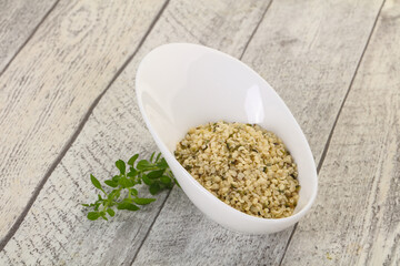 Peeled hemp seeds in the bowl