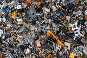  Scrap yard electronic waste for recycling with selective focus. electronic aluminium waste