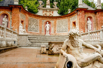Fountain in 400 year old water games castle of Schloss Hellbrunn located in a Southern district of Salzburg, Austria.