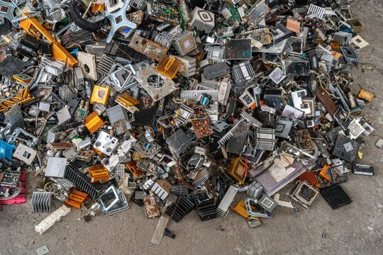  Scrap yard electronic waste for recycling with selective focus. electronic aluminium waste