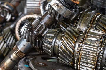 used transmission gearbox part at junkyard or scrapyard for recycling with selective fucus