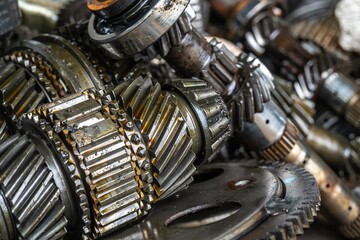 used transmission gearbox part at junkyard or scrapyard for recycling with selective fucus