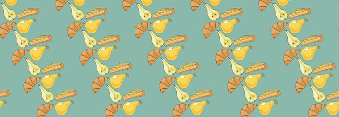 Seamless background: whole pear, pie, half pear, croissant. Kitchen print, menu and cover of candy stores and restaurants
