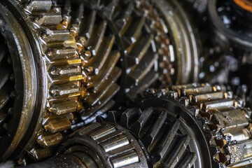 used transmission gearbox part at junkyard or scrapyard for recycling with selective fucus
