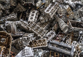 Stack of aluminium alloy cylinder head for recycling.