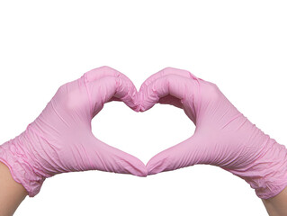 Obraz premium Hands in pink heart-shaped medical gloves, with love to the doctors of the world, isolated on white, copy space