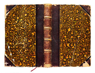Old open shabby book cover in colorful abstract decorations with bookmark (circa 1831), isolated on...