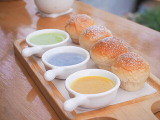 Custard Bread with coffee shop background