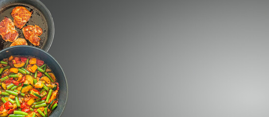 Banner with traditional homemade turkey stew with vegetables, indoor, process of cooking with copy space for text