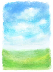 watercolor abstract landscape with clouds on blue sky and green grass. hand painted background