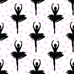 Dancing ballerina silhouette seamless pattern. Performing dancer repeating background. Vector illustration for ballet textile, paper, decor. 