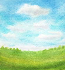 Fototapeta na wymiar bright watercolor landscape with abstract clouds on blue sky and green grass. hand painted background