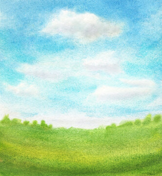 bright watercolor landscape with abstract clouds on blue sky and green grass. hand painted background