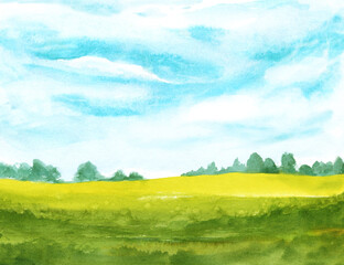 watercolor abstract landscape with clouds on blue sky and green grass. hand painted background - 354978509