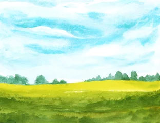 Poster aquarel abstract landschap met wolken op blauwe lucht en groen gras. handgeschilderde achtergrond © flowerstock