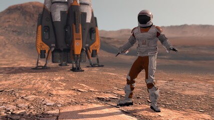 Astronaut dancing on Mars red planet. Exploring Mission To Mars. Futuristic Colonization and Space...