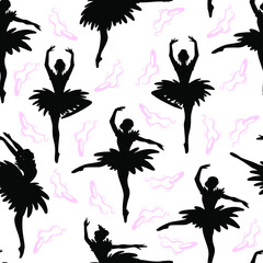 Dancing ballerina silhouette seamless pattern. Performing dancer repeating background. Vector illustration for ballet textile, paper, decor. 