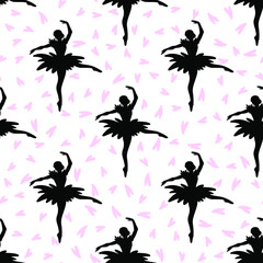 Dancing ballerina silhouette seamless pattern. Performing dancer repeating background. Vector illustration for ballet textile, paper, decor. 