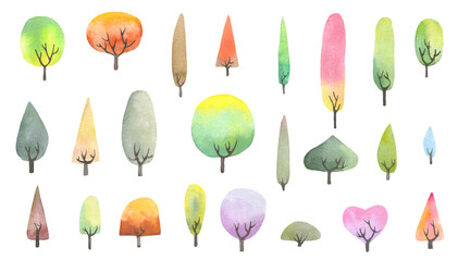 set of watercolor cartoon trees. childlike hand-drawn illustration