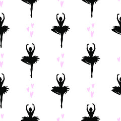 Dancing ballerina silhouette seamless pattern. Performing dancer repeating background. Vector illustration for ballet textile, paper, decor. 