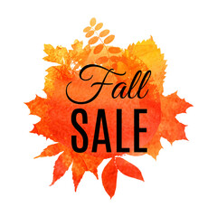 Autumn leaf foliage watercolor .Autumn sale. Fall sale. Web banner or poster for e-commerce, on-line cosmetics shop, fashion beauty shop, store. Vector illustration. EPS 10