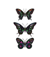 Decorative butterfly silhouette isolated on white background. Creative cut out, linocut vector illustration, clip art. 