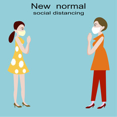 Two woman greeting each other by raise hands to pay respect for social distancing on blue background.