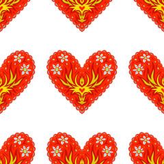 Decorative hearts silhouettes isolated on background. Seamless pattern. Cutout folk design in modern cute style. For Valentine's day wrapping paper, textile.  Vector clipart.