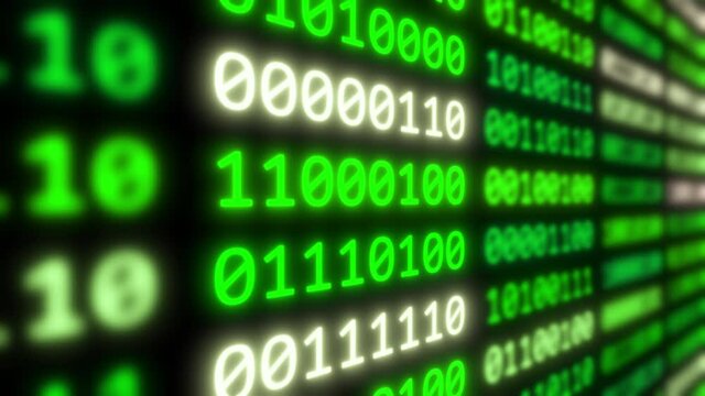 Digital communication concept using 8bit binary computer code numbers. 3D green flowing data glow 4K pattern vertical camera animation.