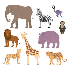 Set of drawn african wild animals. Elephant, zebra, lemur, chimpanzee, lion, cheetah, giraffe, leopard and hippo vector illustration.