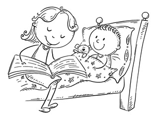 Bedtime story, mother reading to child, outline cartoon illustration