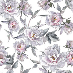 graphics seamless pattern watercolor pink peonies. Delicate bouquet of flowers with buds and leaves. Isolated on a white background. Women's day clearance. Wedding, bride love, invitation cards, decor