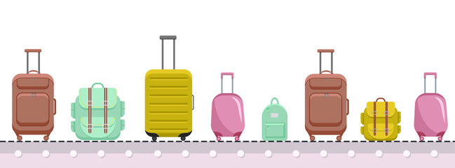 Travel suitcases and backpacks baggage claim flat illustration with clouds on the background. Concept vacation holiday, traveler luggage, baggage.