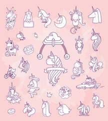 Vector set of illustration of cute magic unicorns with horn, mane, curls and ribbon on pink background.