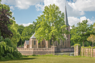 Dutch medieval church, surrounded by water