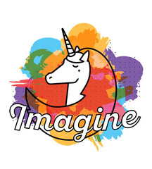 Vector multicolor illustration of cute magic unicorn head with horn, mane, curls and word imagine.