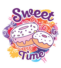Vector multicolor illustration of cute two big donuts with flowers and words sweet time.