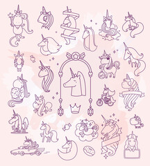 Vector set of illustration of cute magic unicorns with horn, mane, curls and ribbon on light background.