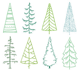 set of stylized fir trees on white. line art spruce trees with minimal design