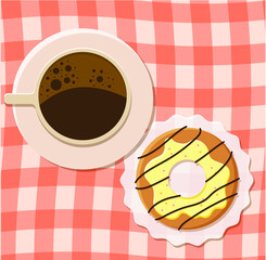Vector flat illustration of coffee cup with glazed doughnut. 