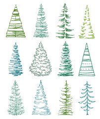 set of stylized fir trees on white. line art spruce trees with minimal design, various lines and shapes