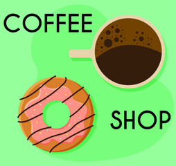 Vector flat illustration of coffee cup with glazed doughnut. Coffee shop
