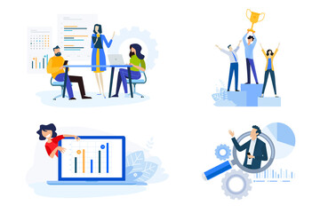Flat design style illustrations of business presentation, market research and data analysis, success. Vector concepts for website banner, marketing material, business presentation, online advertising.