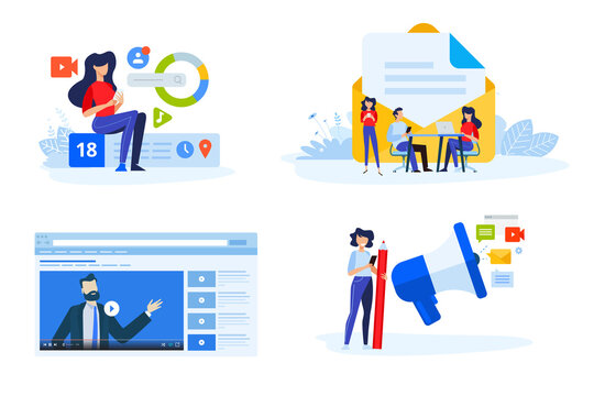 Flat design style illustrations of digital marketing, video and email marketing, social media. Vector concepts for website banner, marketing material, business presentation, online advertising.