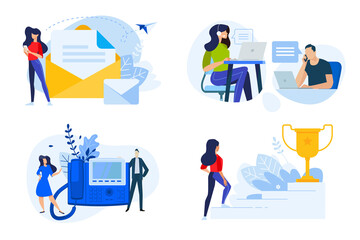 Flat design style illustrations of contact, communication, support, award, aim. Vector concepts for website banner, marketing material, business presentation, online advertising.