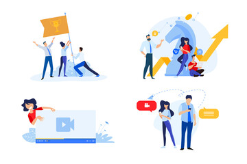 Flat design style illustrations of business strategy, teamwork, video streaming, online communication. Vector concepts for website banner, marketing material, business presentation, online advertisin
