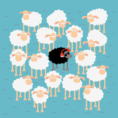 Same but different. A chilling black sheep  ,listening music, wearing a red sunglasses In a flock of white sheep. Hand drawn vector illustration on blue pastel background.