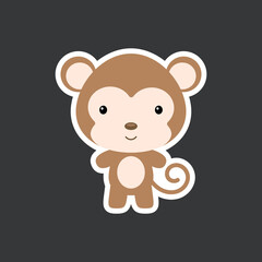 Cute funny baby monkey sticker. African adorable animal character for design of album, scrapbook, card, poster, invitation.