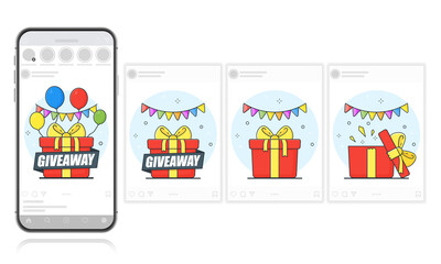 Giveaway. Landing page template. Modern flat concept on the screen of a smartphone. Prize draw on social networks. Cute vector illustration.